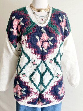 Vintage 80s Needlepoint Pattern Sweater Size M